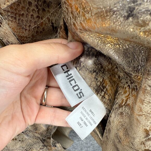 Chico's Jacket Women 2 Gray Animal Print Button Up Leather Long Sleeve Pockets - Picture 5 of 6